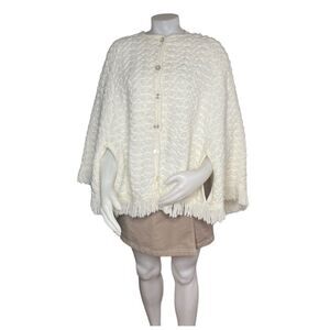 VINTAGE Button Front Poncho Arm Holes Fringe Fancy Stitch Cream Color Orlon